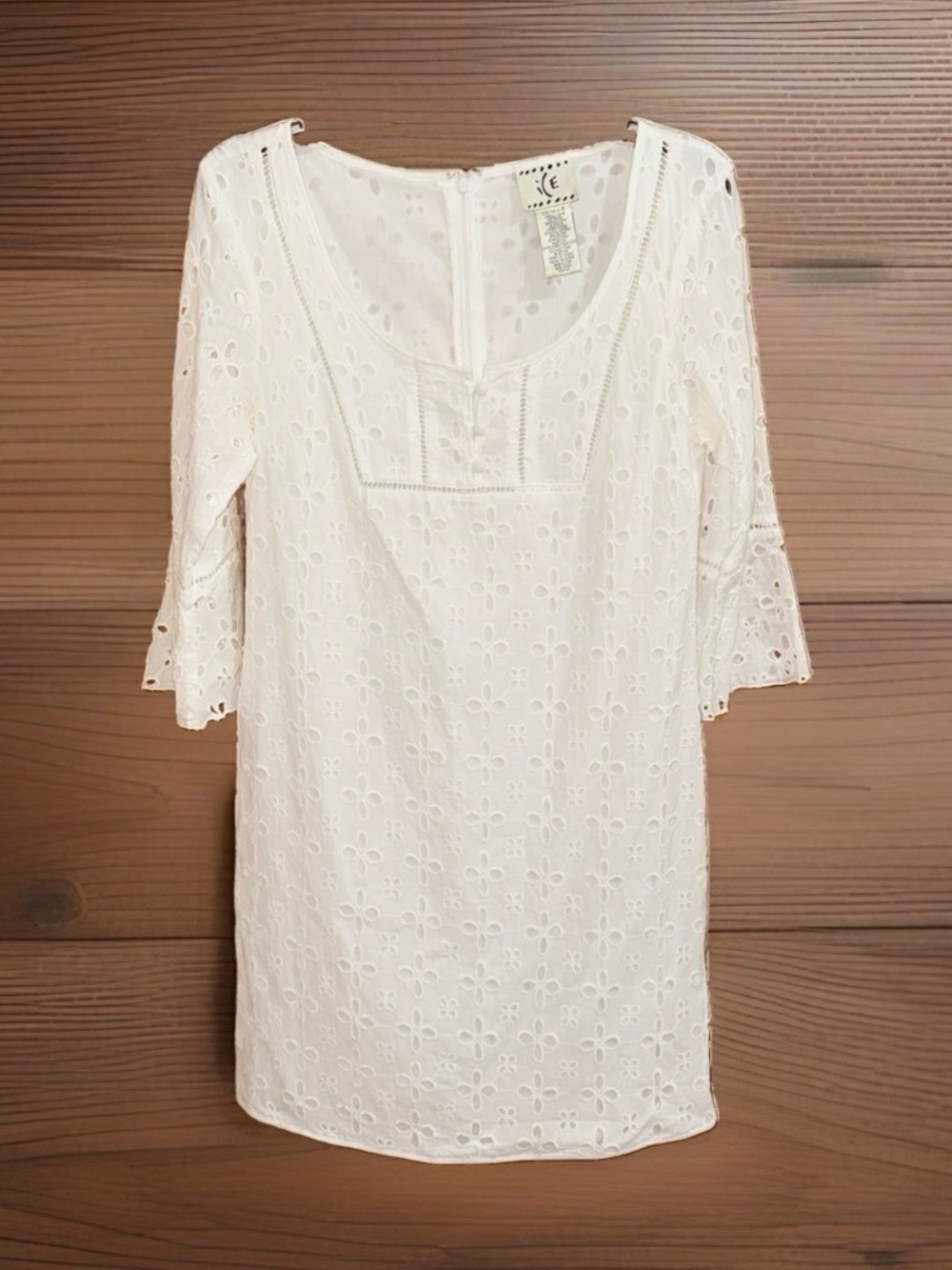 Ice Women’s White Floral Eyelet Cotton Shift Dress with 3/4 Sleeves-6-EC